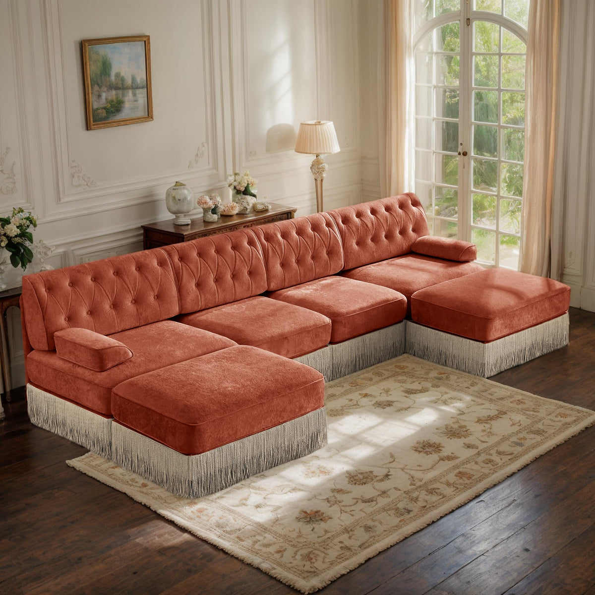 106'' Modern Chesterfield Style 3-Seater Sofa with 2 Ottoman, Upholstered Velvet Modular Sectional Sofa with Button Tufted, U Shape Deep Seat Cloud Sectional Couches for Living Room (Green)