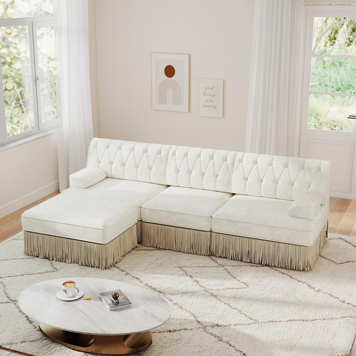 Unique Chesterfield Style Modular Sectional Sofa, 135.6” L-shaped Boneless Sofa with Velvet Fabric, Floor-grazing Tassel Fringe Skirt and Button Tufted Design for Living Room, Easy to Assemble, Beige