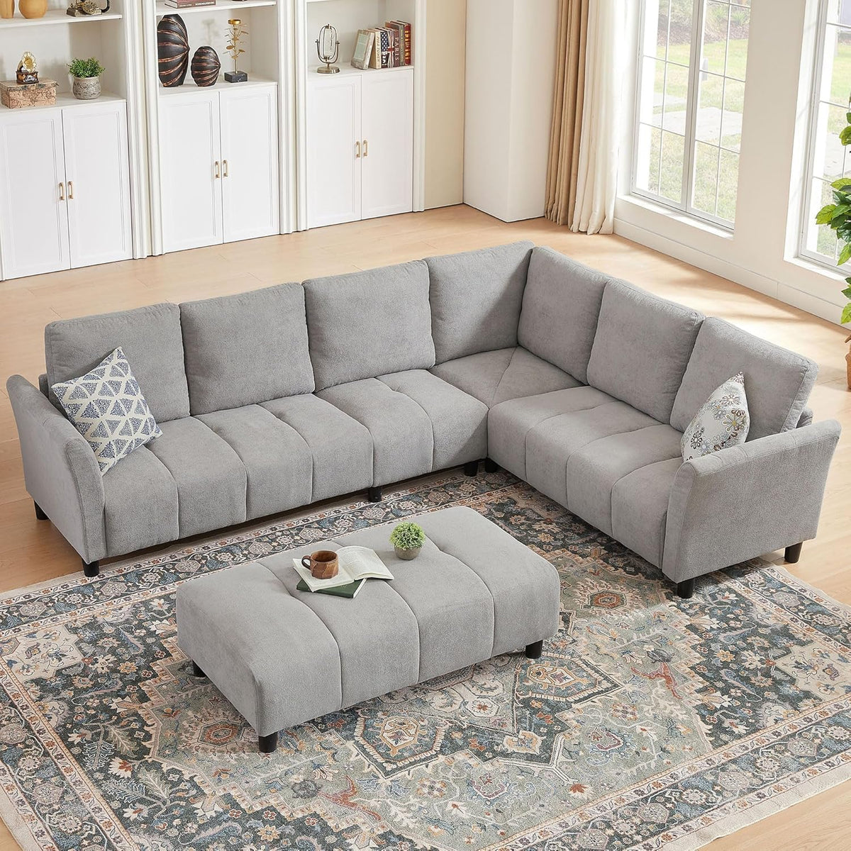 103" Convertible Sectional Sofa with Long Ottoman, Modern Upholstered Fabric L-Shaped Couch with Back Cushions, 6 Seat Sofa Couches for Living Room, Apartment, Office, Light Grey
