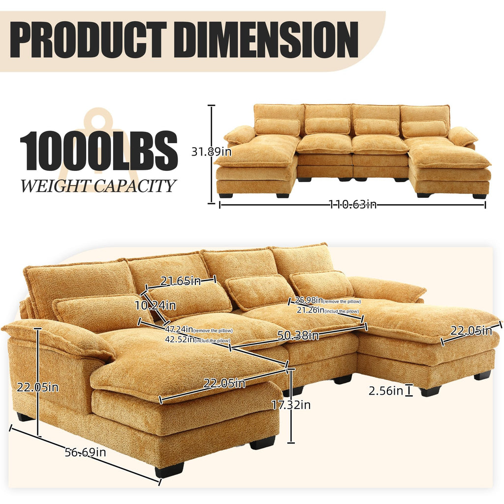 110'' U-Shaped Sectional Couch, Modern Chenille Extra Large Modular Sofa with 4 Cushions, Memory Foam Funiture Set with Double Lounger for Living Room, Office, Reception Room, Yellow