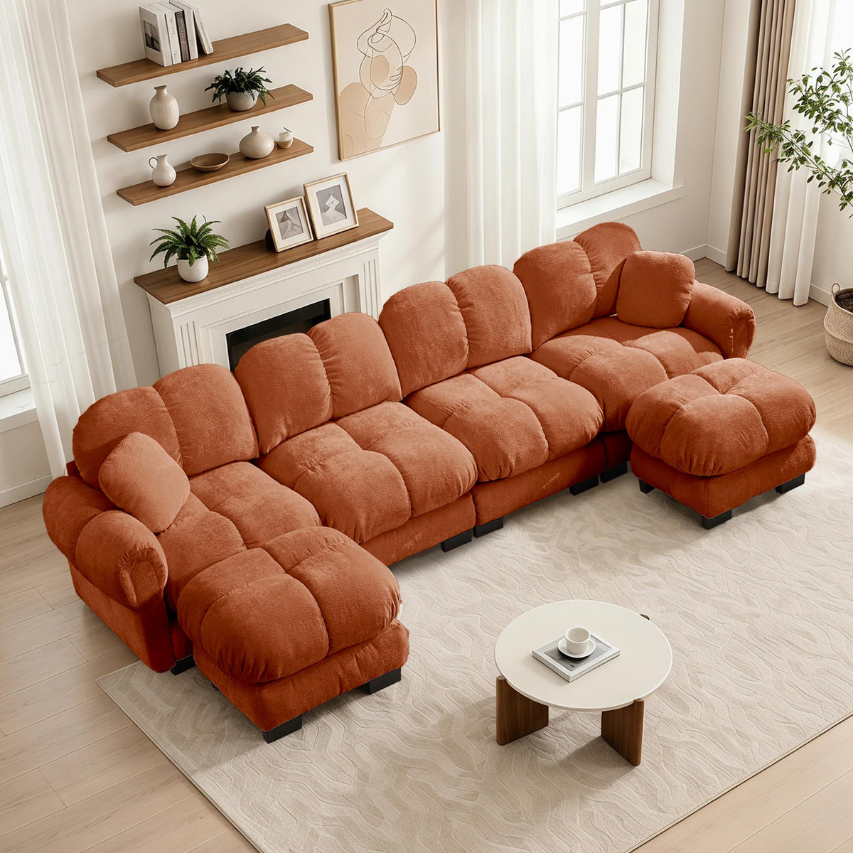 103.9" Modular Cloud Couch, Oversize U-Shaped Sectional Sofa with Ottoman, Deep Seat Chenille Couch, Anti-Slip Design, Modern 3-Seater Sofa for Living Room/Apartment/Bedroom, Brown