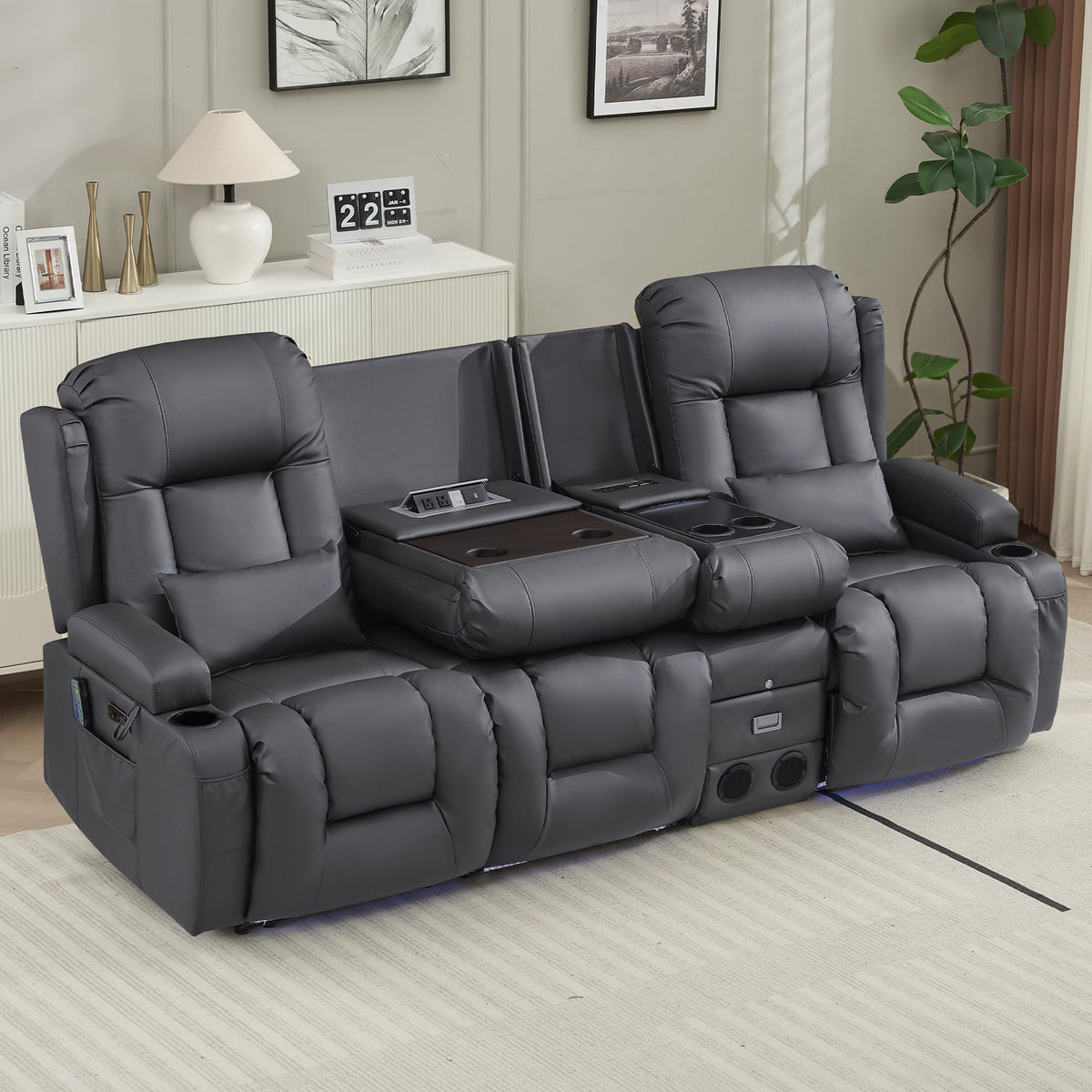 TUNYI Wall Hugger Loveseat Recliner Sofa with Console, Power Reclining Loveseat RV Couch with Massage & Heat/USB/Outlet/Storage/LED Light/Speaker (Blue, 2 Seat with Console)