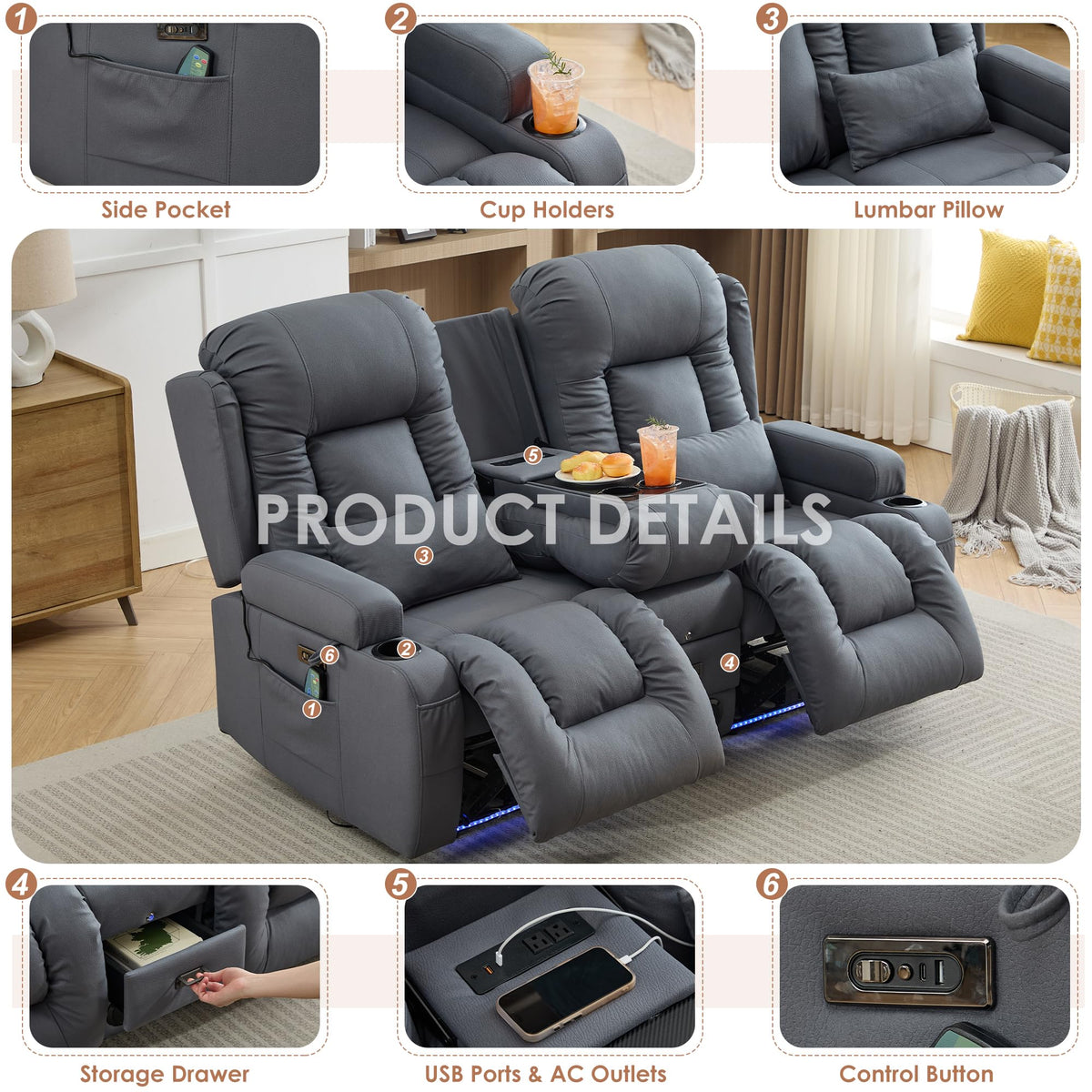 TUNYI Wall Hugger Loveseat Recliner Sofa with Console, Power Reclining Loveseat RV Couch with Massage & Heat/USB/Outlet/Storage/LED Light/Speaker (Blue, 2 Seat with Console)