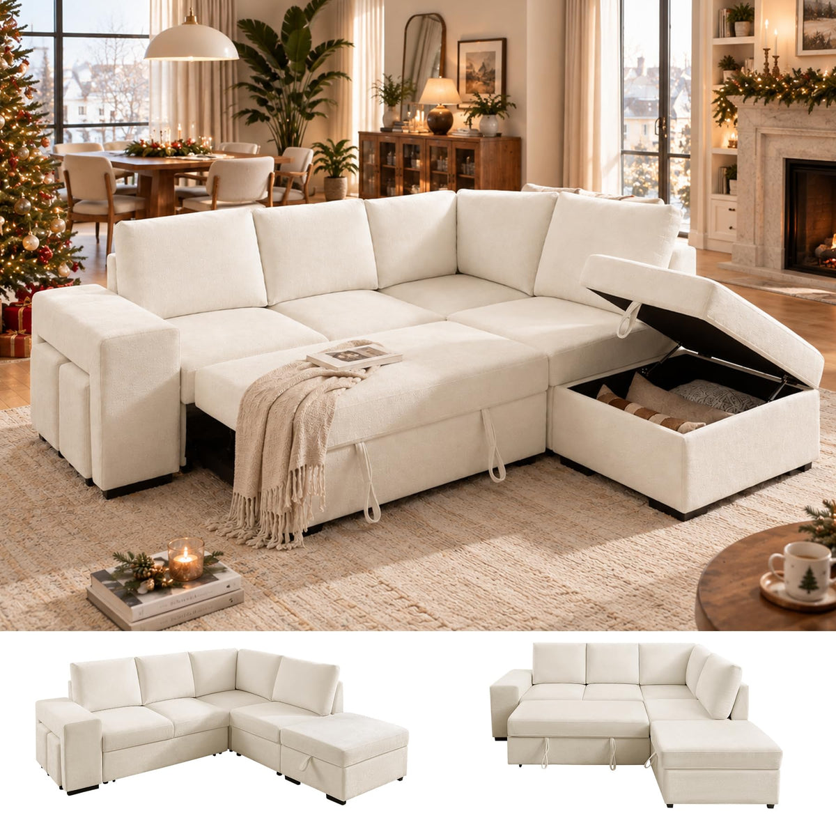 VANOMi 94" Modular Sleeper Sofa with Pull Out Bed, Ottoman, Beige Chenille