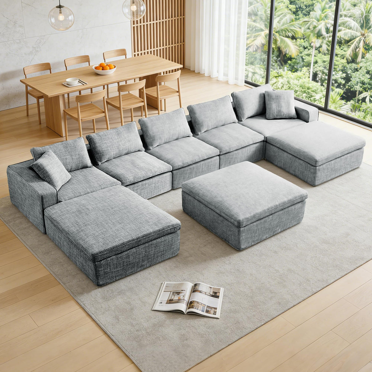 131" Cloud Modular Sofa, Oversized Sectional Couch with Washable Linen Fabric Covers, Large L-Shaped Deep Seat Sofa with Ottoman,7 Seater Down Filled Convertible Furniture for Living Room (Beige)