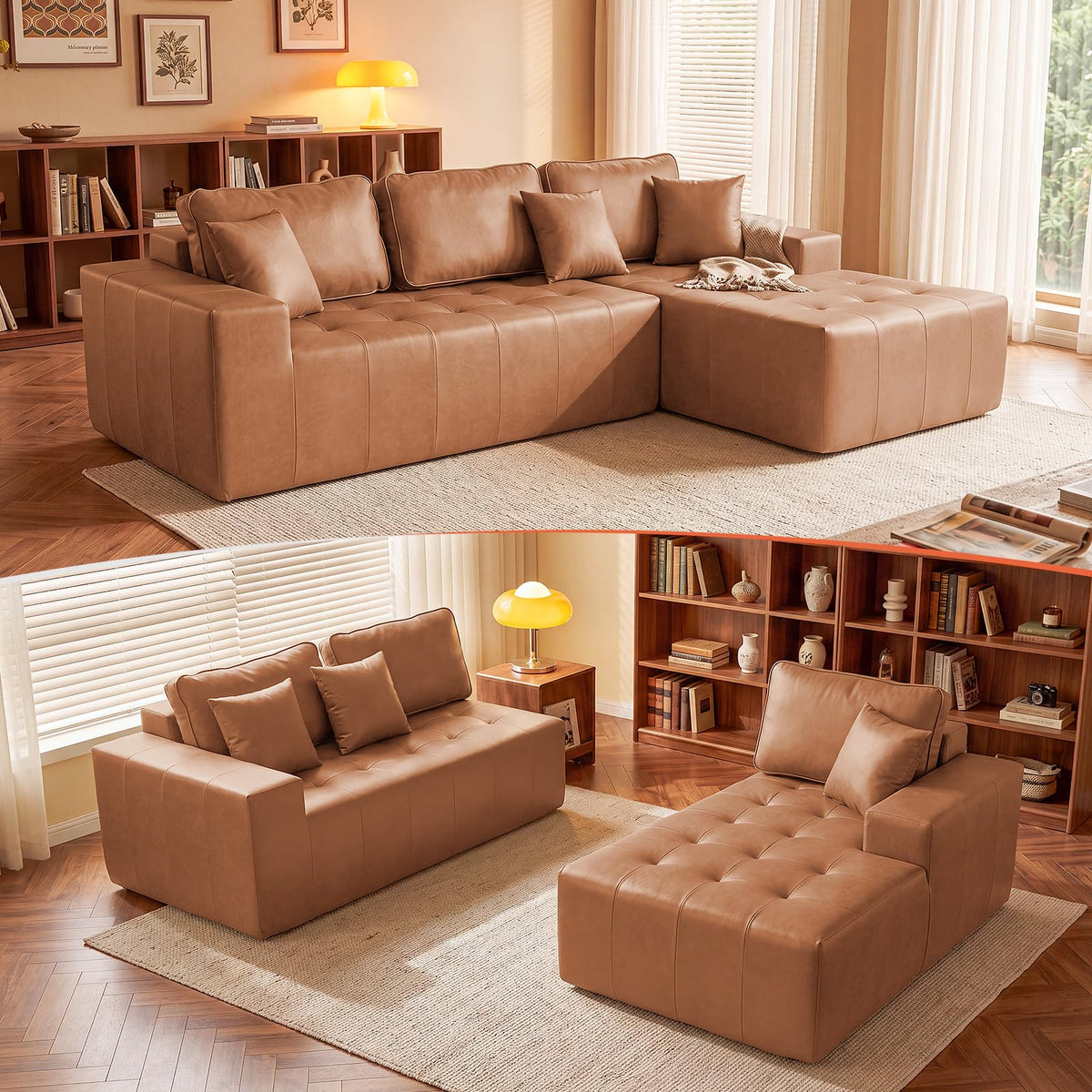 108" L-Shaped Modular Boneless Couch for Living Room,Faux Leather Sofa Bed