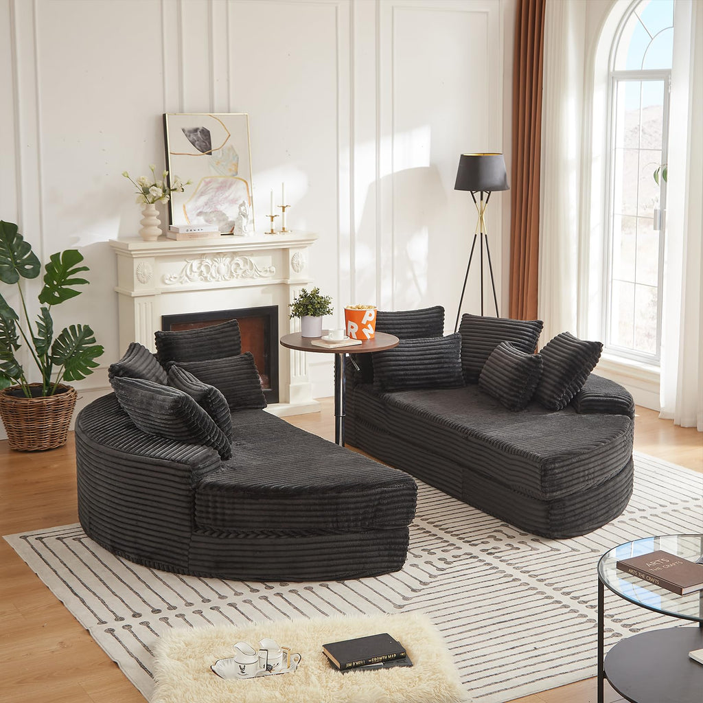 78'' Oversized Round Sleeper Sofa Bed, Convertible Circle Chaise Lounge Chair Indoor, Modern Fluffy Plush Corduroy Cloud Boneless Couch, Assembly Free, Comfy Bean Bag for Living Room, Black