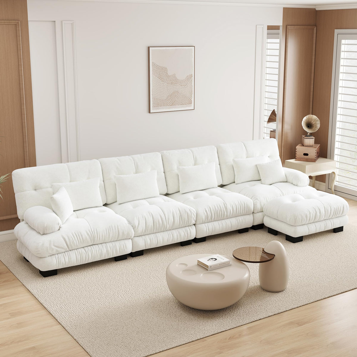 Velvet Modular Sectional Sofa,130" W Oversized U Shape Cloud Couch with 2 Ottomans,Free Combined 3 Seater Comfy Sofa with Bolster Armrest Pillows,Green for Living Room
