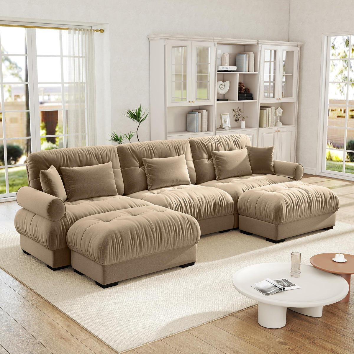 Velvet Modular Sectional Sofa,130" W Oversized U Shape Cloud Couch with 2 Ottomans,Free Combined 3 Seater Comfy Sofa with Bolster Armrest Pillows,Green for Living Room