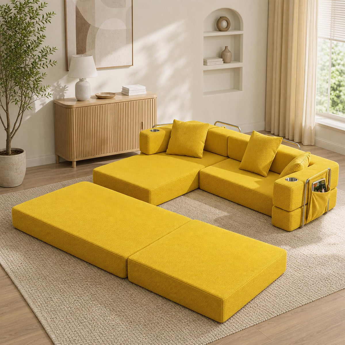 108" Modular Sectional Sofa Bed, L-Shaped Boneless Couch, Yellow