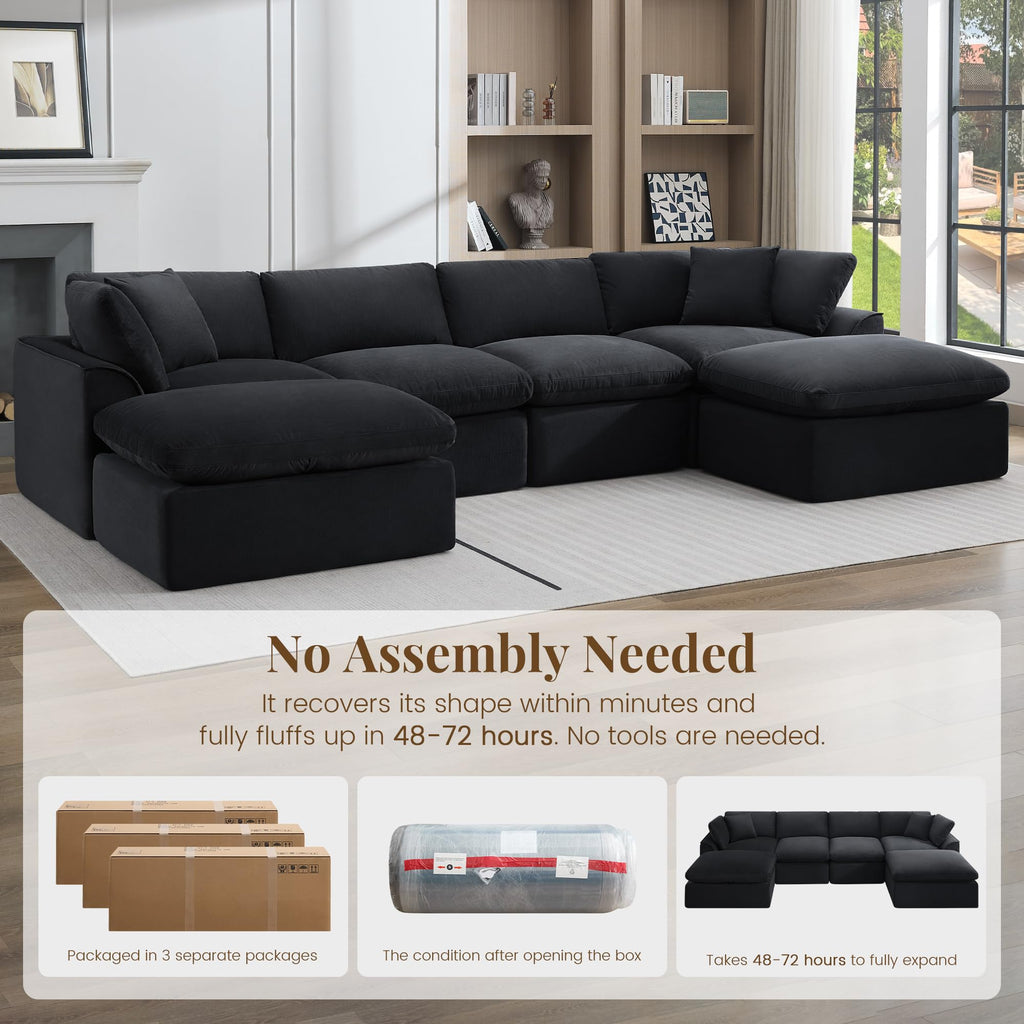 U Shaped Sectional Sofa, 141 in Cloud Couch, Black