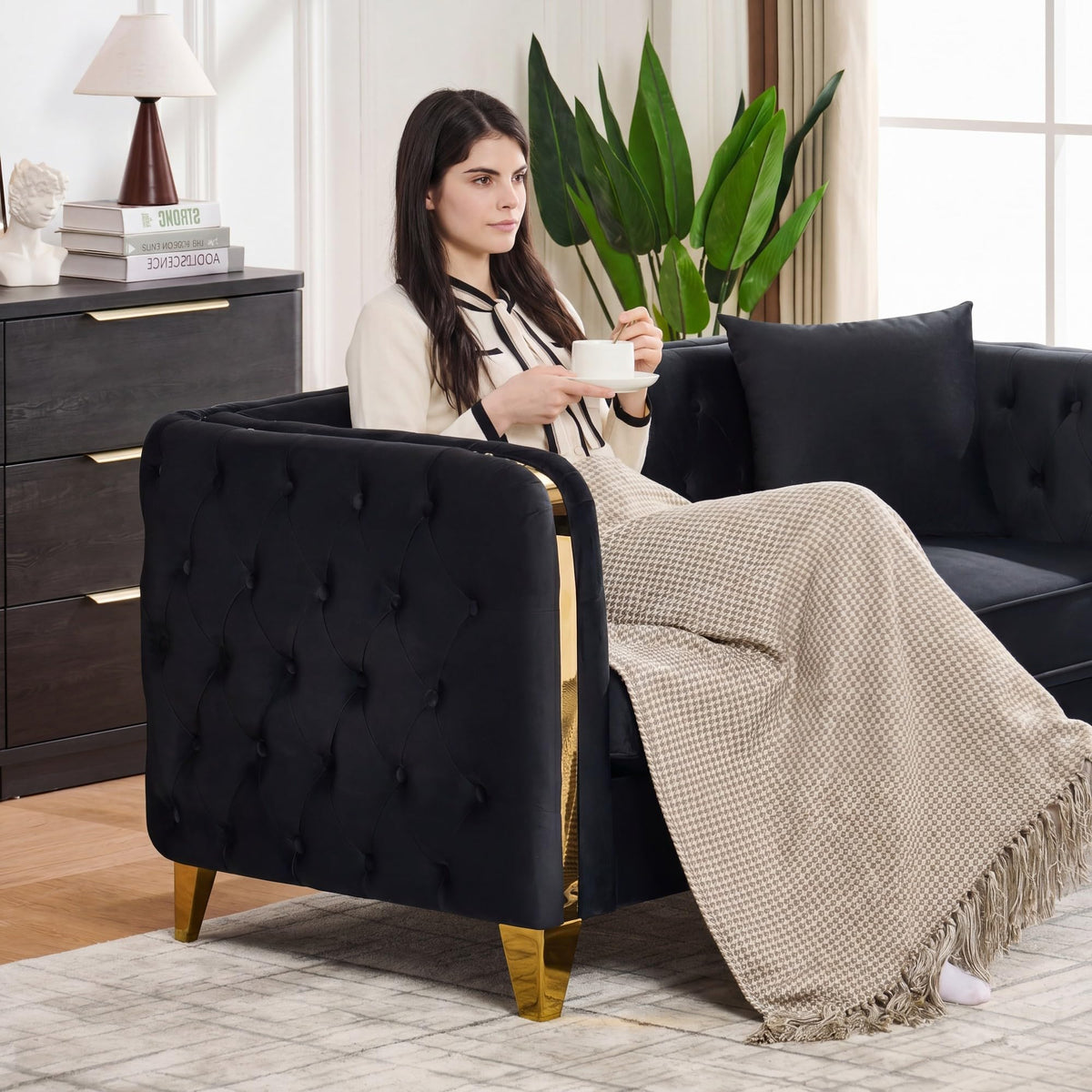 Velvet Chesterfield Sofa Set of 2, Mid Century Modern Deep Seat Loveseat + 3 Seater Couch with Golden Legs and Button Tufted, Upholstered Comfy Sofa with 2 Pillows for Living Room, Black Gold