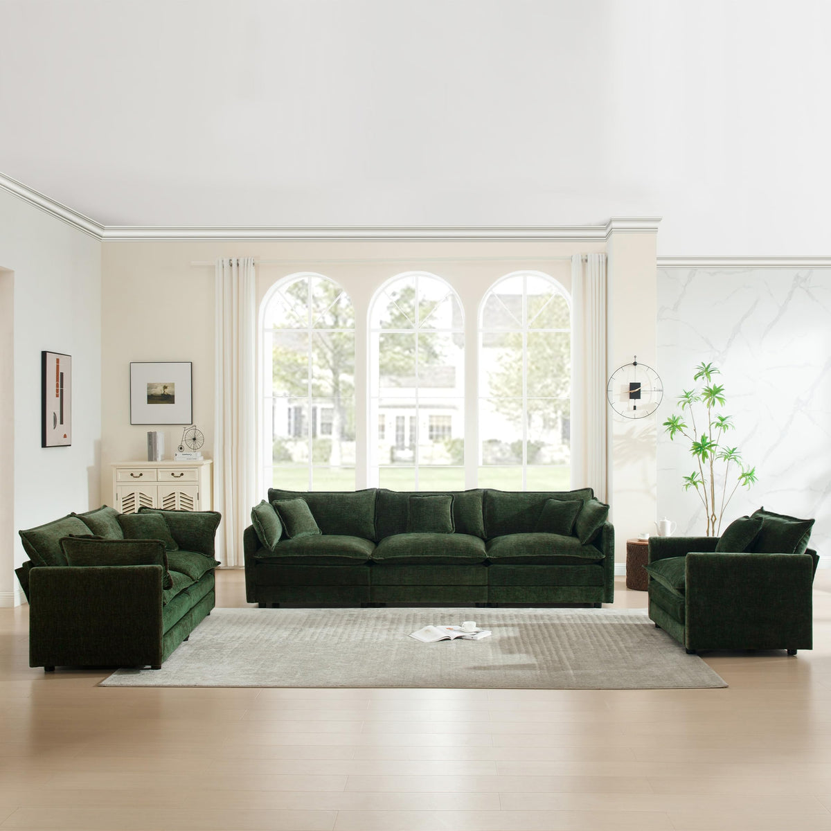 White Modular Sectional Sofa 3-Piece Set, Modern Deep Seat Chenille Couch, Loveseat, Single Sofa, Oversized Modular Couch for Living Room