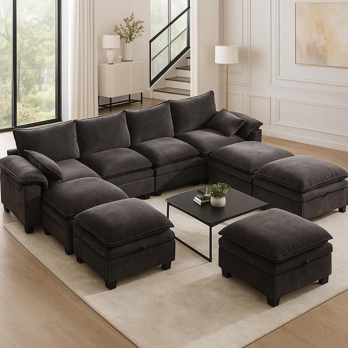 130'' Modular Sectional Sofa with Storage, Premium Chenille Cloud Couch with Movable Ottomans, 1200lbs Heavy Duty Deep Seat Sectional, High-Density Foam (Gray, 4 Seater & 5 Ottoman)