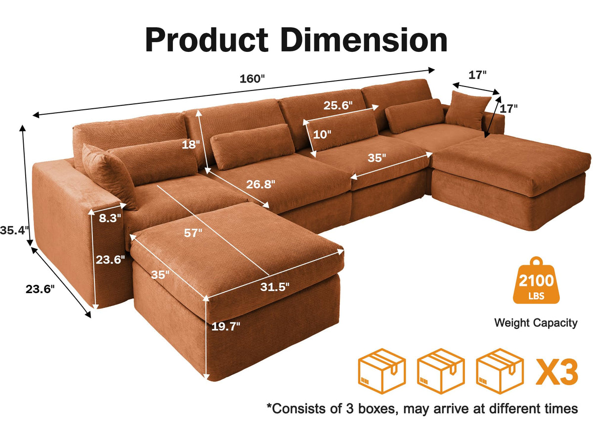 WEUP 160" Oversized Modular Sectional Sofa, Boneless Couch for Living Room, Modern Comfy U Shaped Cloud Couch Sectional with Movable Ottoman, Lumbar Pillows, 26.8" Extra Deep Seat, Terracotta Orange