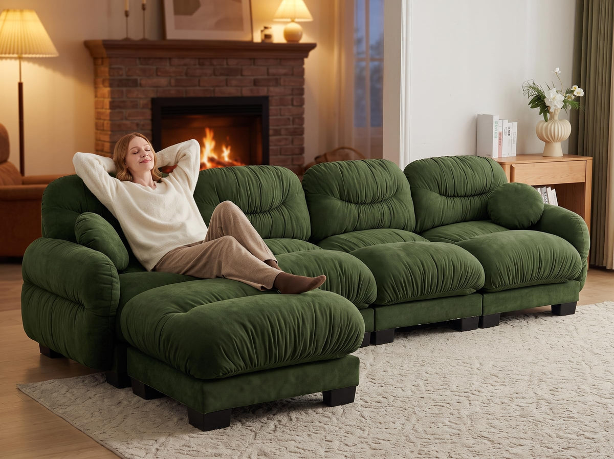 116" Cloud Modular Chenille L Shaped Sectional Sofa with Ottoman, Deep Seat Cloud Couch with Interlocking Metal Connectors for Modern Living Room (Beige, 3S+1O)