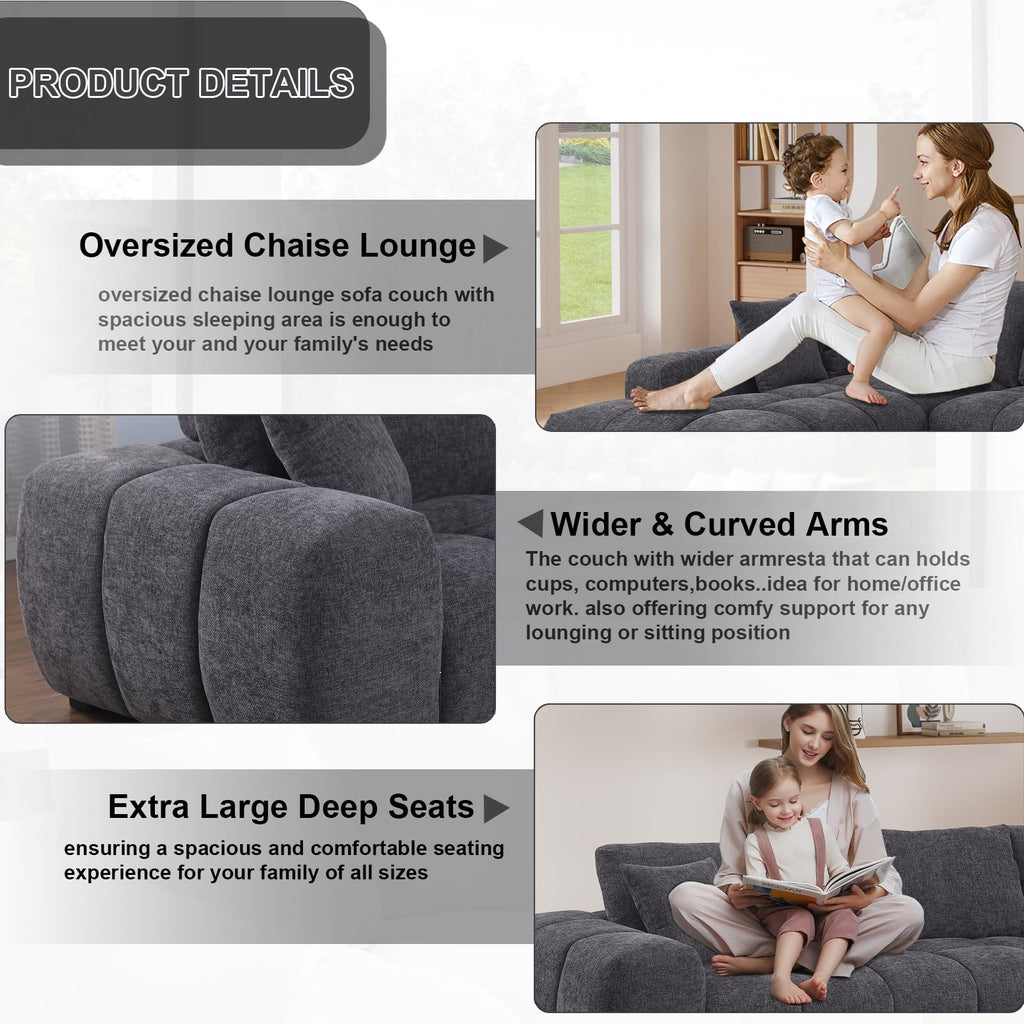 118-Inch Luxury Curved Sofa Modern Sectional Couch for Living Room Oversized L-Shaped Comfort Chenille Cloud Couch with Deep Seating for Family Gatherings,Daily Usage (Gray,Left Facing)