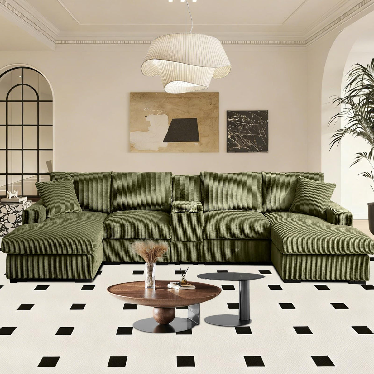 126" Oversized U Shaped Couch,Cloud Couch with Console,USB,Cup Holders & Storage,Corduroy Couch,which can be Used as a Recliner Couch for Living Room or Apartment.(Green)