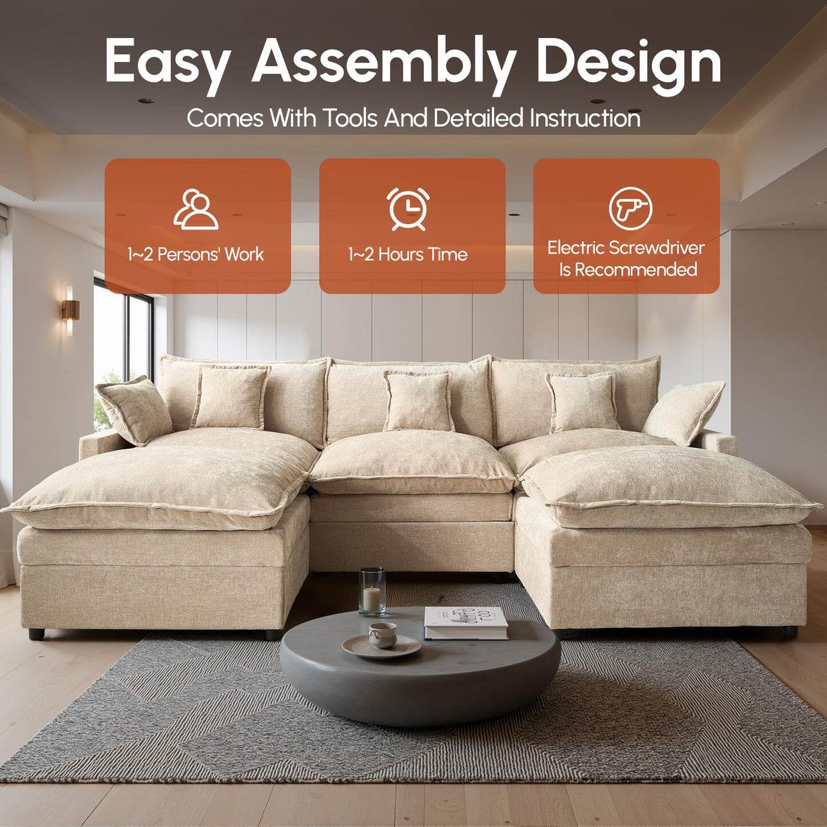 108" Oversize Modular Sectional Couch U Shaped with Ottoman For Living Room