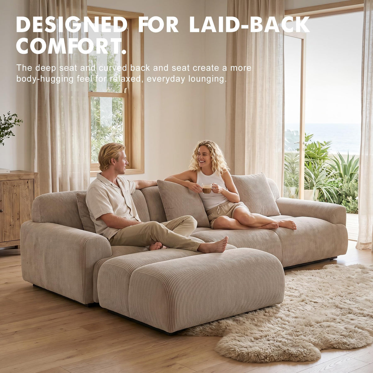 108" Curved Modular Sectional Sofa, Brown Boneless Couch with Ottoman, Corduroy Memory Foam L-Shaped Low Profile Sofa, No Assembly