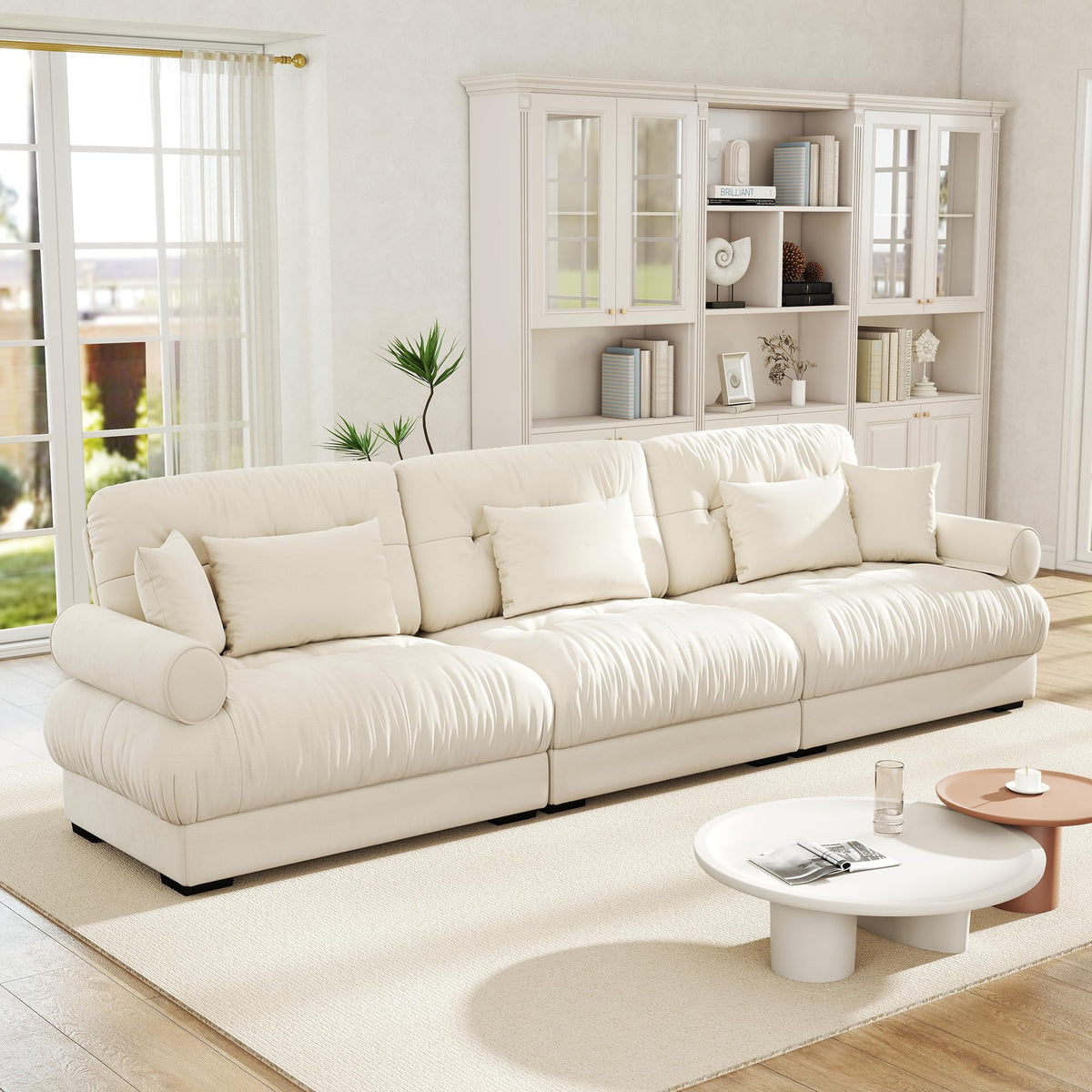 Velvet Modular Sectional Sofa,130" W Oversized U Shape Cloud Couch with 2 Ottomans,Free Combined 3 Seater Comfy Sofa with Bolster Armrest Pillows,Green for Living Room