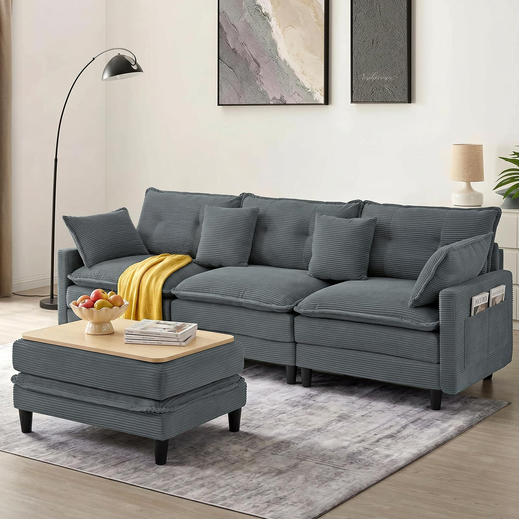 107.3'' Oversized Cloud Couch L Shaped Modular Sectional Sofa, Premier Comfy Corduroy Couch with Ottoman, Modern 3 Deep Seat Sectional Couches for Living Room, Solid Wood Frame&Spring,Tool-Free Green