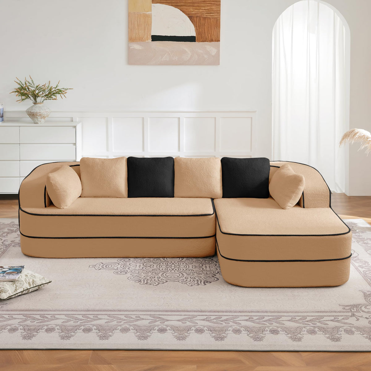 106" Fabric No Assembly 32D Boneless Sofa,Contrast Color Design,Fluffy Comfy Couch with L Shaped Chaise,for Living Room,Camel