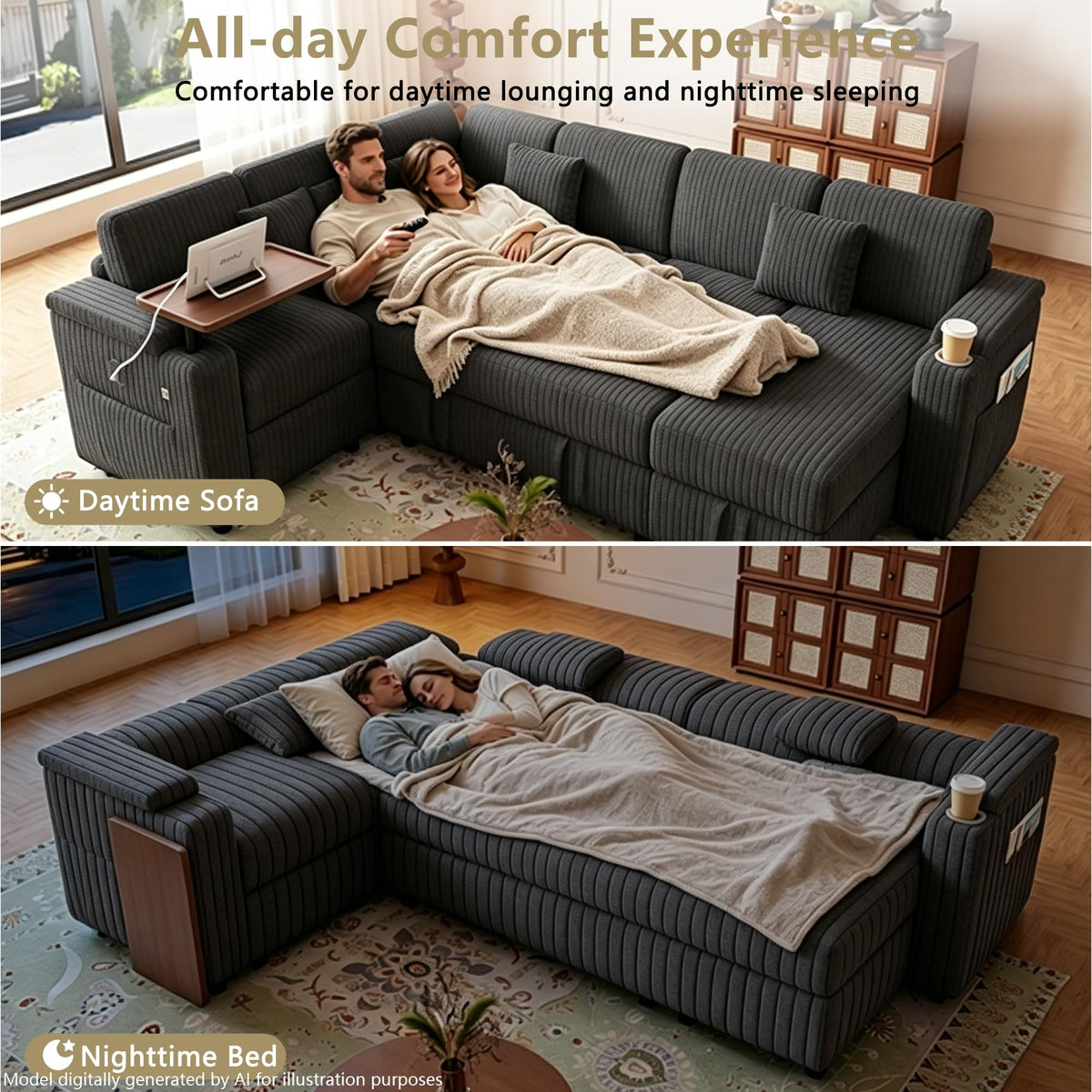 100'' Sectional Sleeper Sofa, Corduroy U Shaped Reclining Couch, Dark Gray