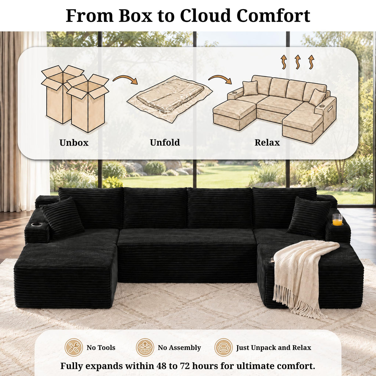 125" Cloud Sectional Boneless Couch for Living Room, Modular U Shaped Sofa