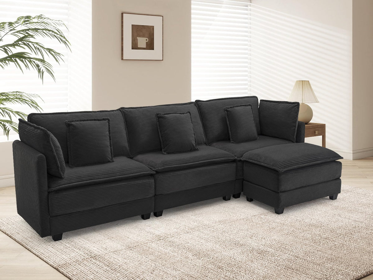 113" Modular L-Shaped Sectional Sofa with Movable Ottoman, 4-Seat Corduroy Modern Cloud Couch with Deep Seat and Pillows, Sofa Set for Living Room, Apartment and Bedroom, Black