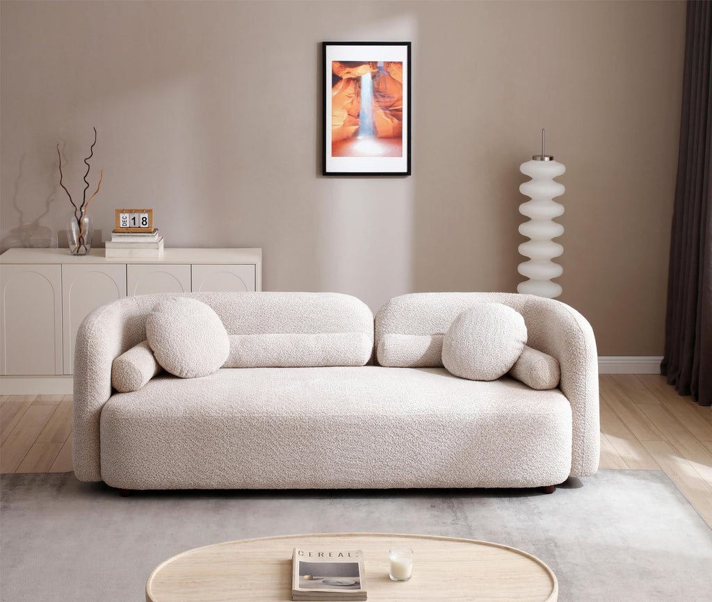102'' Modern Minimalist Curved Lounge Sofa Oversized Teddy Velvet Fabric Upholstered 5-Seater Comfortable Half-Moon Sofa with 4 Cushions for Offices, Apartments and Living Rooms (Brown + Boucle)