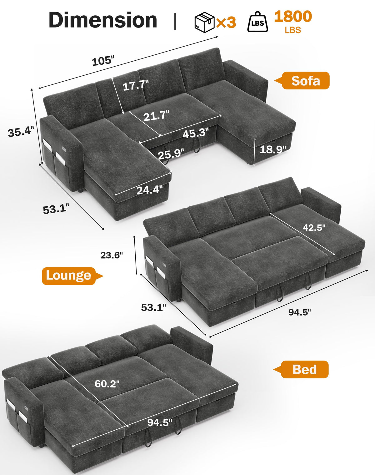 Vipbear 106" Sectional Sleeper Sofa with Pull Out Bed, U Shaped Couch Sleeper Sofa Bed, Pull Out Couch with Reclining Backrest, Double Storage Chaise, USB Ports, Tool-Free Assembly, Chenille Grey
