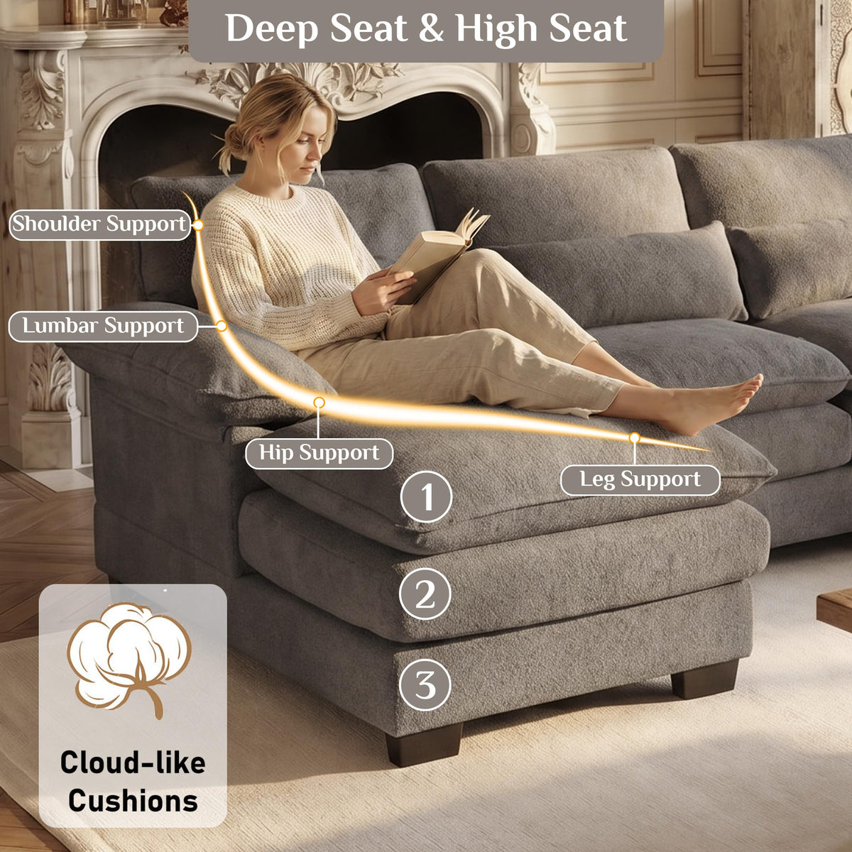 113" Cloud Couch Sectional Modular Sofa U Shaped Sectional Couches for Living Room Comfy Chenille 5 Seat Cloud Sofa Set with 4 Pillows, Chaise Lounge, Movable Ottoman, Stone Grey