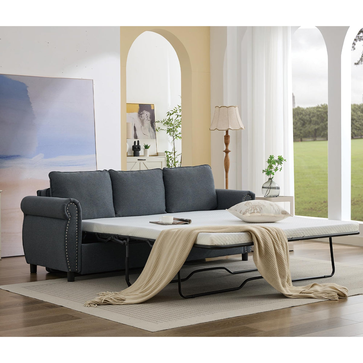 106.5" Pull Out Sofa Bed,L Shaped Modular 4 Seater Couch,2-in-1 Sleeper Sofa,Wireless Charging, USB Charging Ports,Memory Foam Mattress,Storage Space