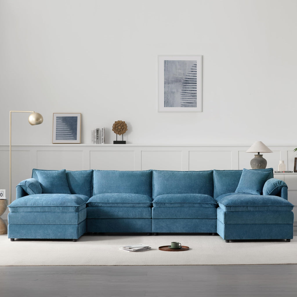 [NEW SKU of N723S1687C] 136" Chenille Modular Sectional Sofa with Deep and Wide Seat, U-Shaped Cloud Couch Set with Double Cushions, 6 Seat Sofa with Movable Ottoman, Oversized Indoor Furniture Enhan