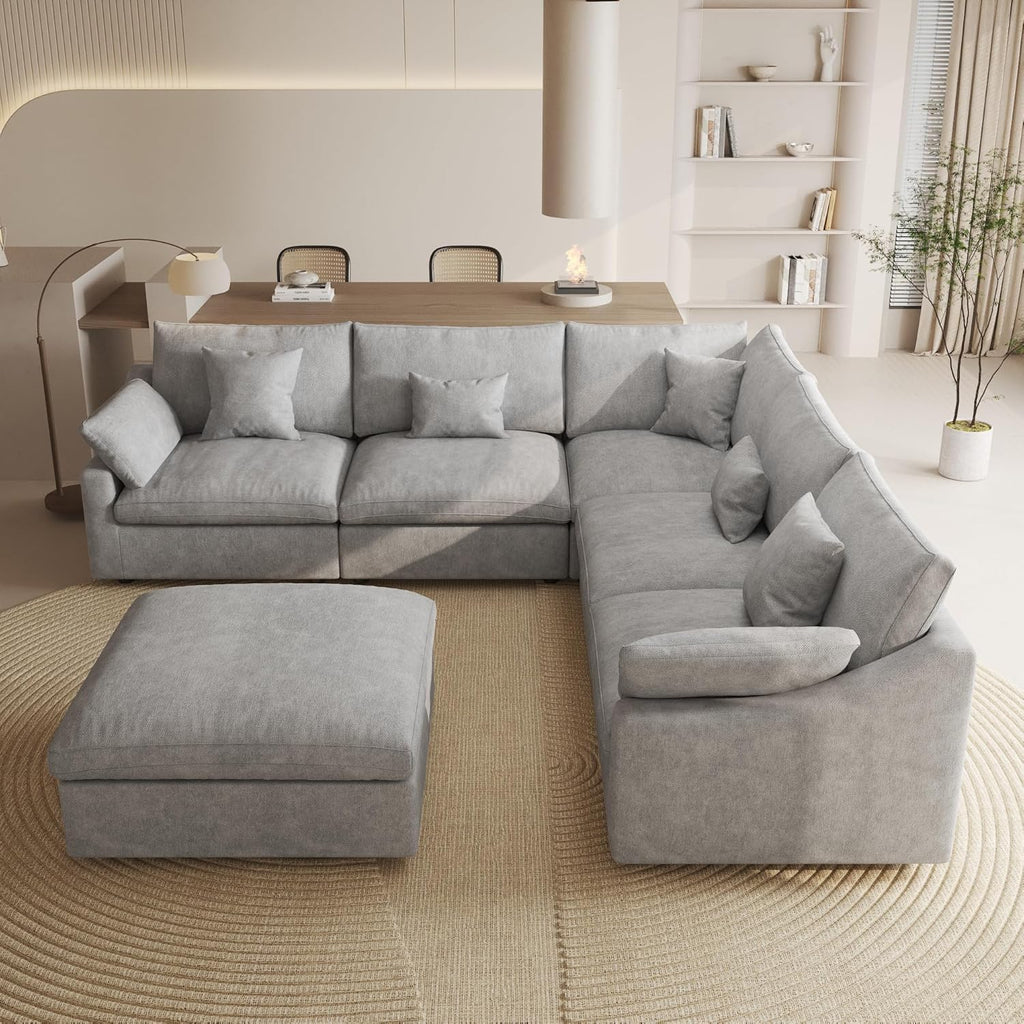 WJShome Modular Sectional Sofa Couch, 119.29" V-Shaped Modular Sofas with Ottoman, Down Filled Convertible Sofa for Living Room, 6 Seat Wide Couches,Cushion Covers Removable, Gray