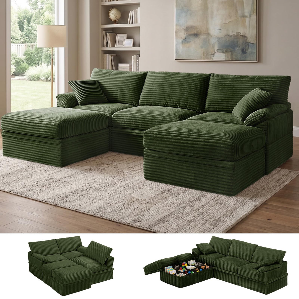 107'' Modular Sectional Sofa with Storage, L-Shaped Boneless Couch