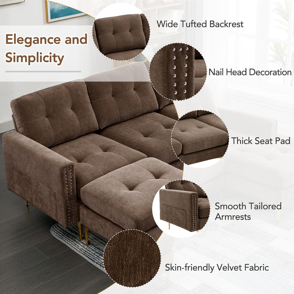 110.6" Velvet Sectional Sofa Couch with Chaise Lounge & Ottoman for Living Room, Modern Contemporary L-Shaped 4-Seat Tufted Sofa Couch for Apartment Office, Strong Metal Leg, Brown