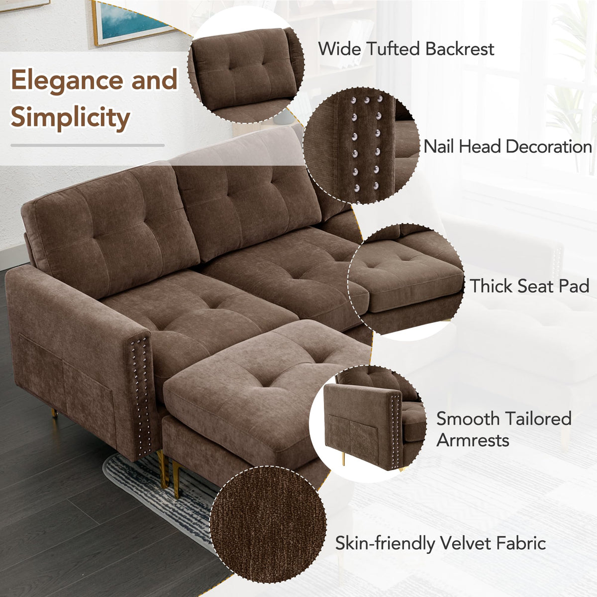 110.6" Velvet Sectional Sofa Couch with Chaise Lounge & Ottoman for Living Room, Modern Contemporary L-Shaped 4-Seat Tufted Sofa Couch for Apartment Office, Strong Metal Leg, Brown