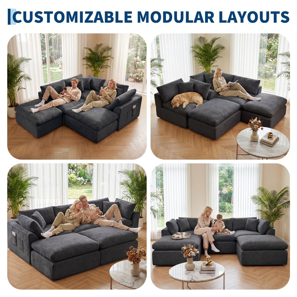111" Boneless Sectional Couches for Living Room, 5 Seater Deep Seated U Shaped Cloud Couch with Ottomans, Chenille Compressed Modular Cloud Sofa Couch in a Box, No Assembly Required, Grey