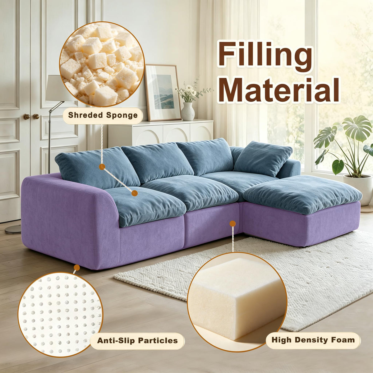 109" Modular Boneless Cloud Couch for Living Room, No Assembly Needed