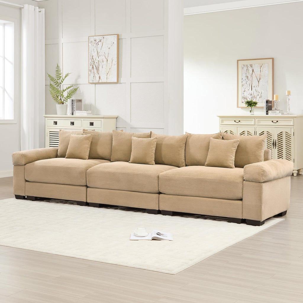 130" Oversized Cloud Modular Sectional Couch,Corduroy 3 Seater Sofa Extra Thick Armrests Good Resilience Cushion Ergonomic Design,Easy Assembly Suitable for Living Rooms Studies,Camel WM213
