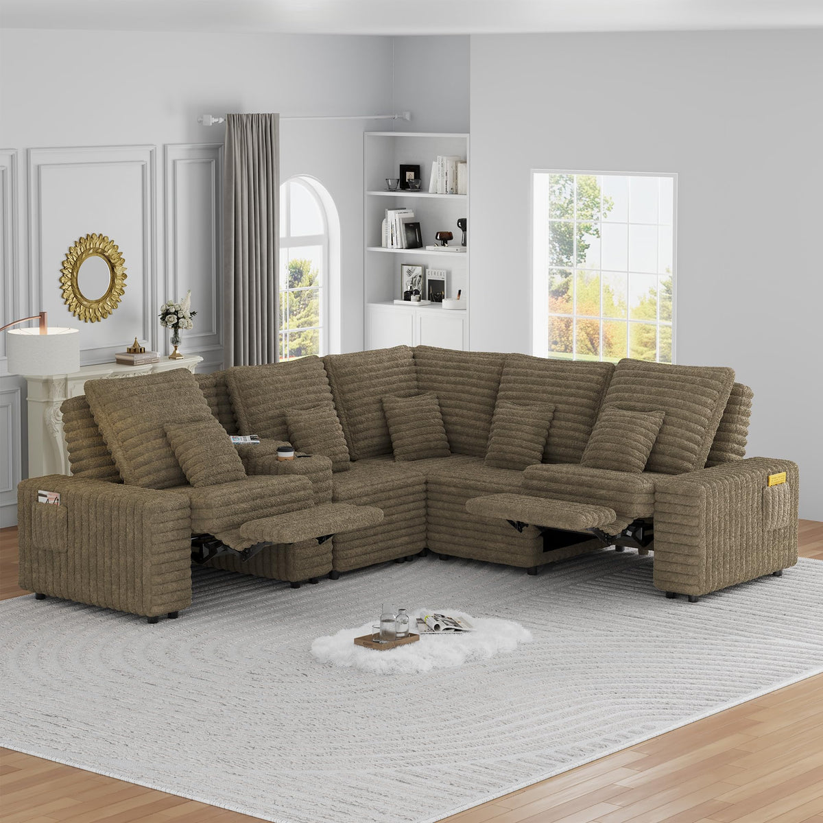 Wrofly 5-Seat L-Shaped Power Reclining Sectional with Console, Camel