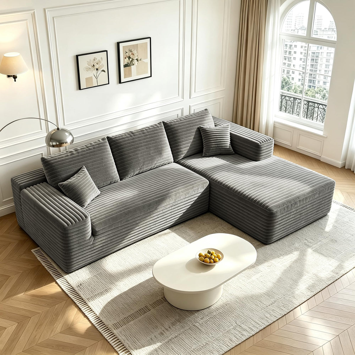 107" U-Shaped Cloud Sectional Couch with Ottoman for Living Room, Boneless Sofa, Compressed Sofa, No Assembly Required, Black Corduroy, Right Chaise