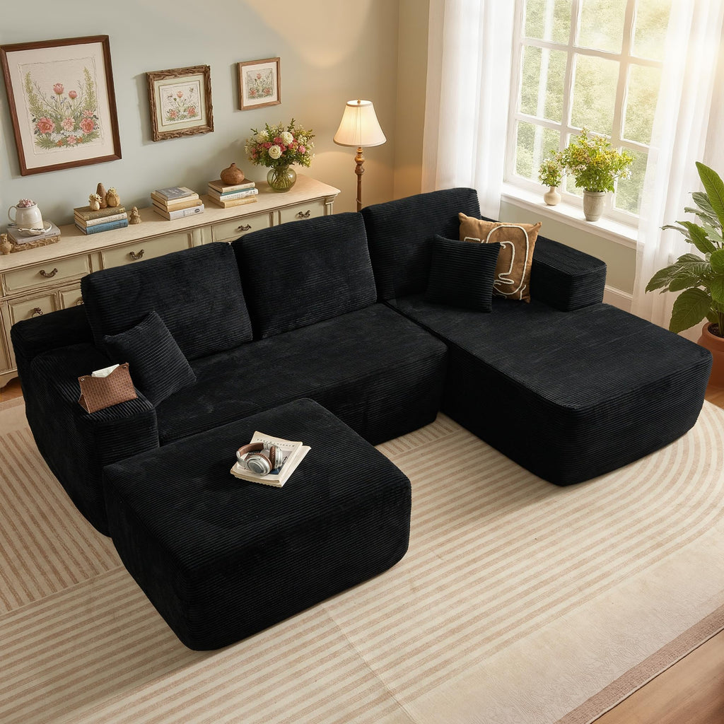 106" Cloud Sectional Couch with L-Shape Chaise & Ottoman, No Assembly Modular Sofa, Deep Seat Plush Corduroy Boneless Couched for Living Room (Black Plush Corduroy, L Shape with Ottoman-Left Facing)