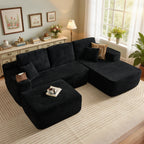106" Cloud Sectional Couch with L-Shape Chaise & Ottoman, No Assembly Modular Sofa, Deep Seat Plush Corduroy Boneless Couched for Living Room (Black Plush Corduroy, L Shape with Ottoman-Left Facing)