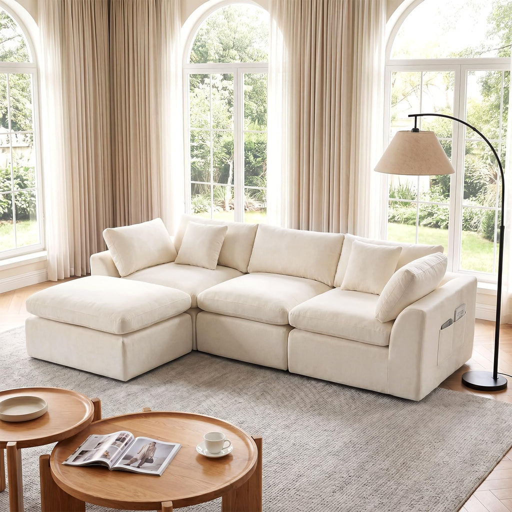 111" Boneless Sectional Couches for Living Room, 5 Seater Deep Seated U Shaped Cloud Couch with Ottomans, Chenille Compressed Modular Cloud Sofa Couch in a Box, No Assembly Required, Grey