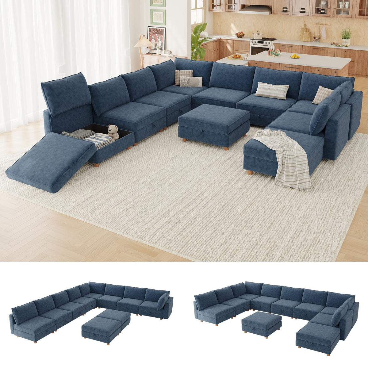 127'' Modular Sectional Sofa,FSC Certified 6 Seater Sectional Sofa,Chenille Couch with Removable Washable Covers,Modern Couch with Ottoman,U Shaped Couch with Storage,Beige Couches for Living Room