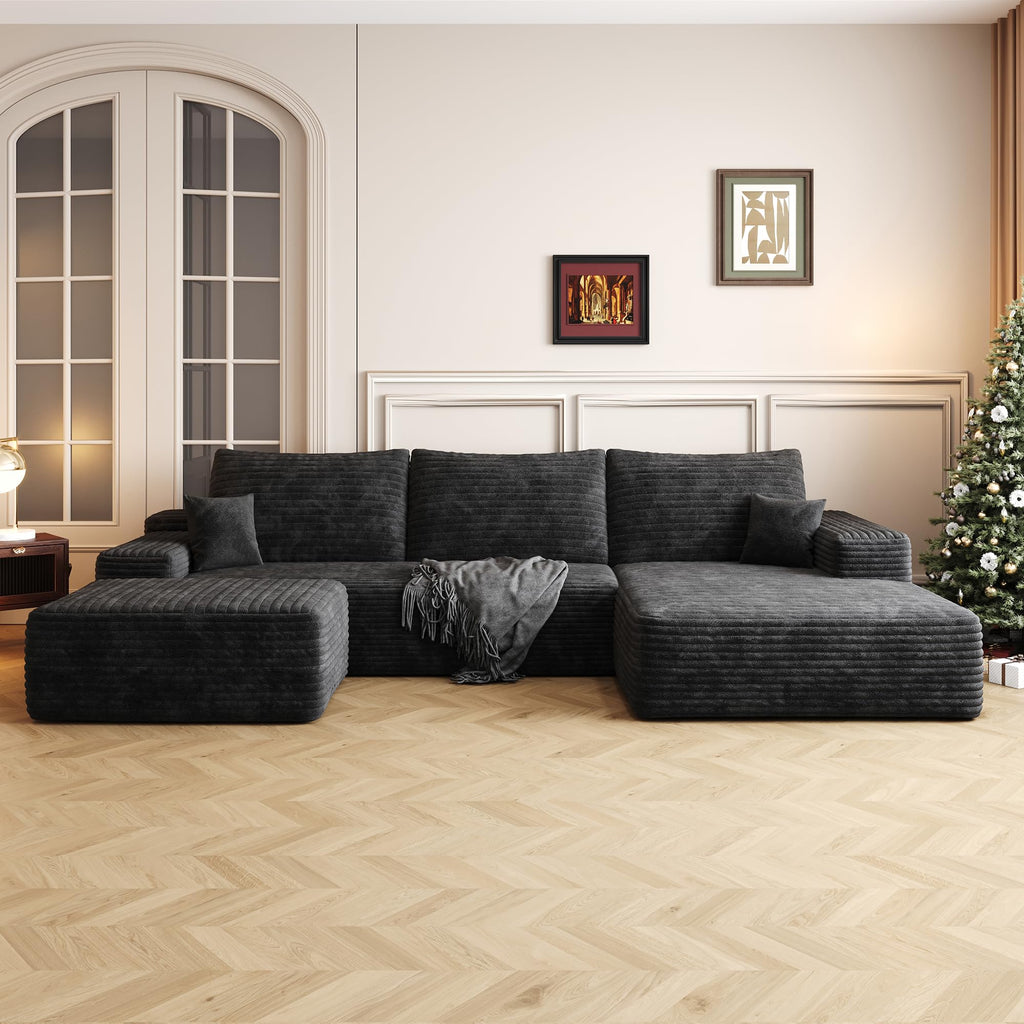 107" Plush Corduroy Deep Seat Chaise Lounge Indoo, Modern Boneless Compressed Floor Sectional Sofa with High-Resilience Foam, Free Combination Modular Cloud Sectional Sofa for Living Room, Black