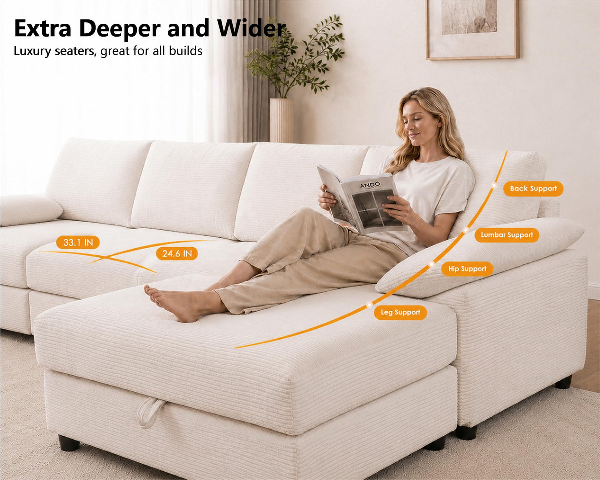 116" Oversized Modular Sectional Sofa with Gas-lift Storage Ottoman L-shape